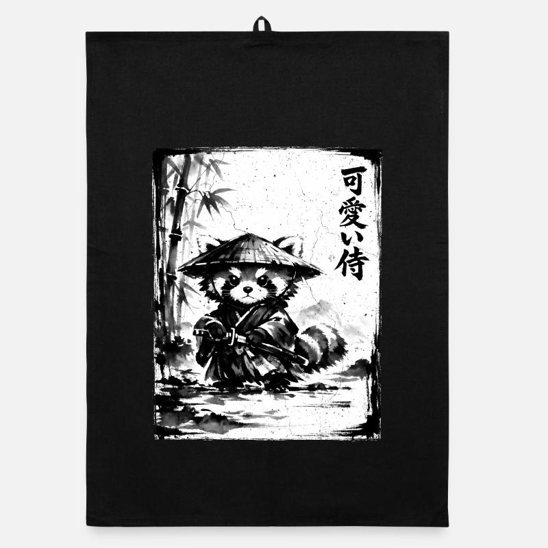 Samurai Red Panda Sumi-e Ink Drawing Organic dish towel