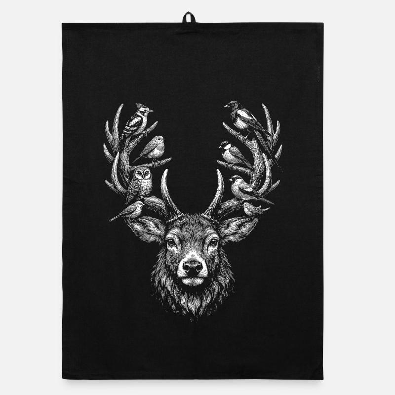 White deer head silhouette on black Organic dish towel