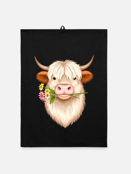 Cool Highland Cow with Flower – Scottish Cattle Style - Organic dish towel - black - Front