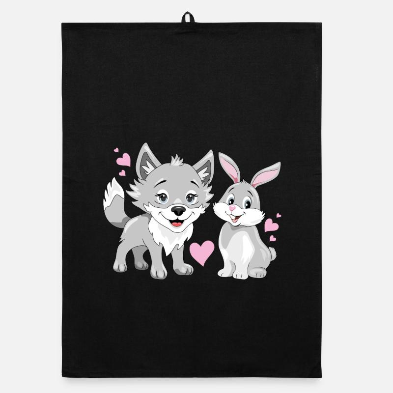 Happy baby wolf and cute smiling rabbit Organic dish towel