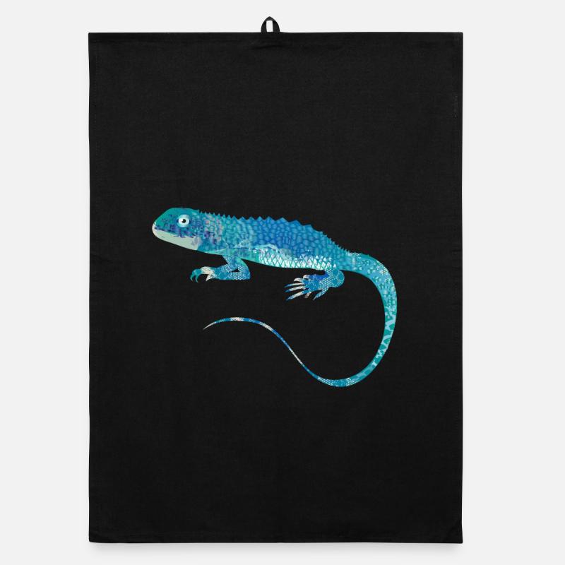 blue iguana collage of different patterns Organic dish towel