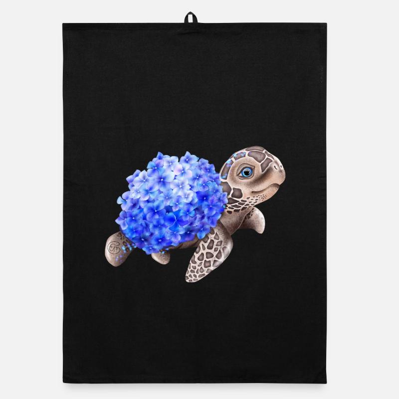 Turtle with Hydrangea - Organic dish towel - black