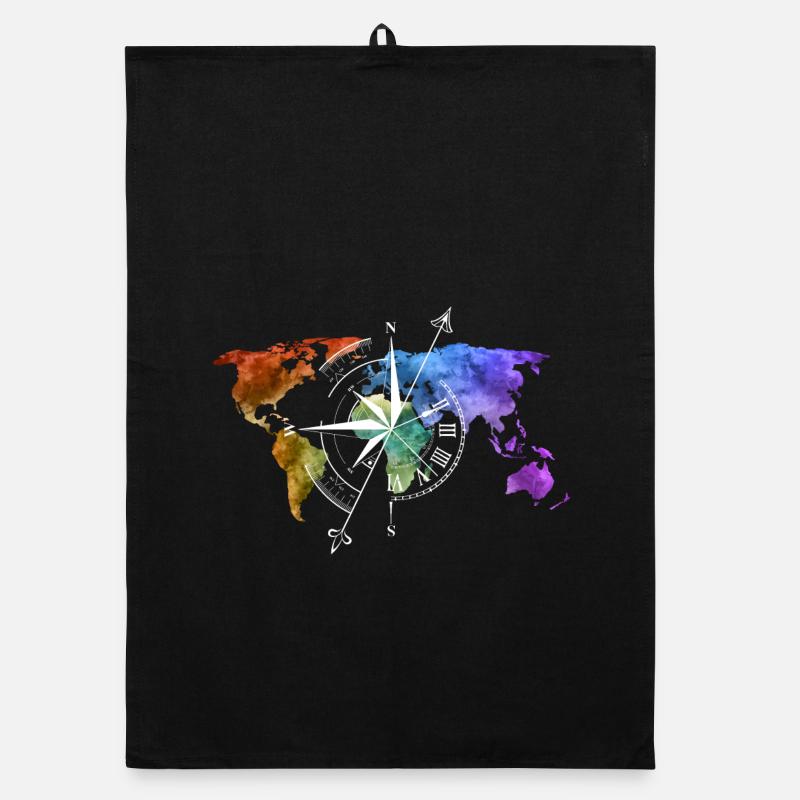 World map compass white - Organic dish towel - black