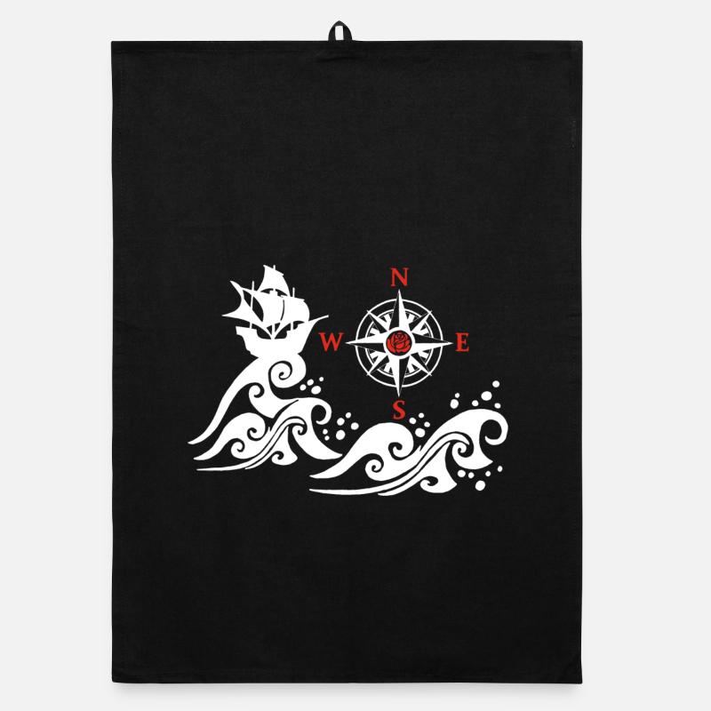 Bateau blanc et rose des vents - Torchon bio - noir