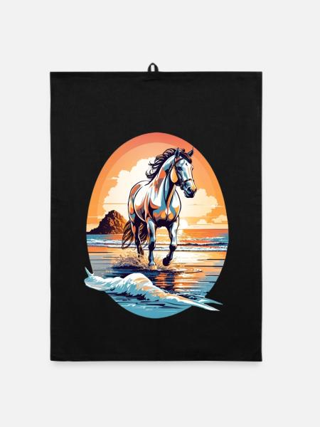 Horse on the beach - Organic dish towel - black - Front