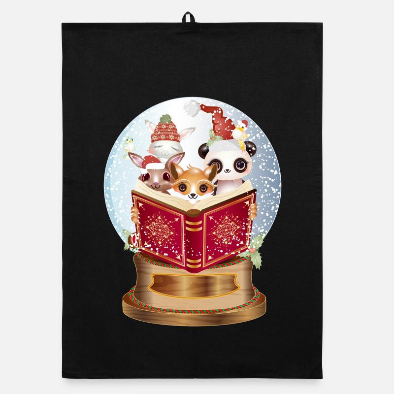 Animals reading in a snow globe at Christmas Organic dish towel