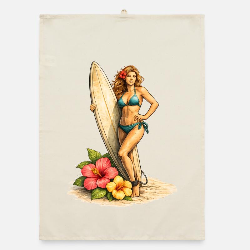Surfer with board and hibiscus flowers Organic dish towel