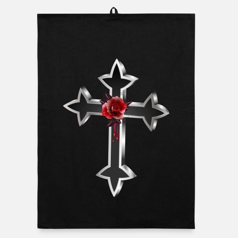 black silver gothic cross with red rose Organic dish towel