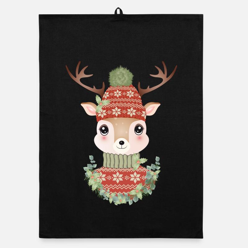 cerf mignon avec chandail, bonnet pompon et couronne Torchon bio