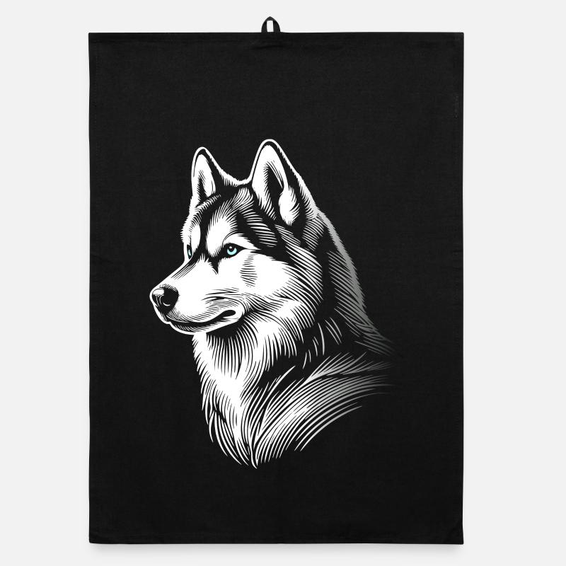 Husky head, black white, dog sled Organic dish towel