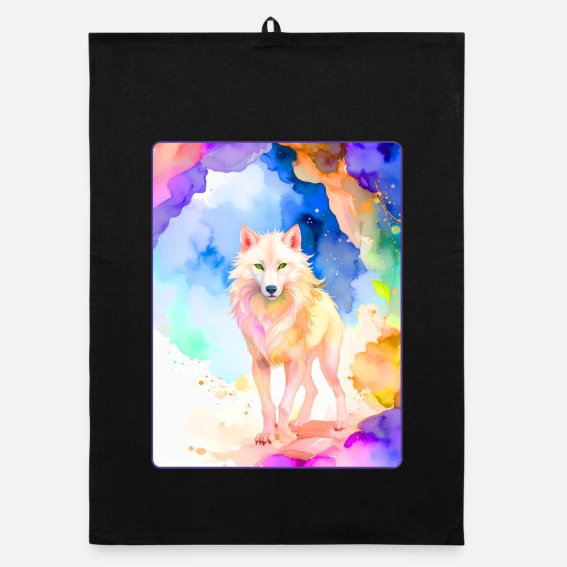 Weißer Wolf vor bunter Höhle Organic Geschirrtuch