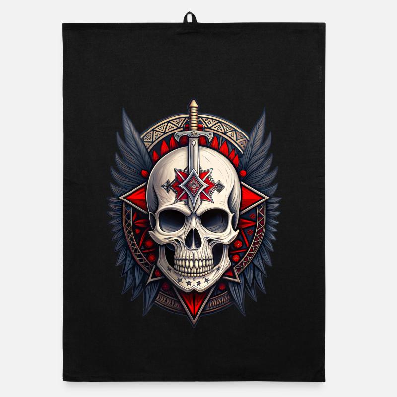 Gothic skull saber wings skull black red Organic dish towel