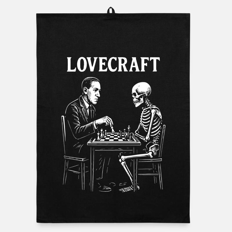HP Lovecraft Chess Duel with skeleton Organic dish towel