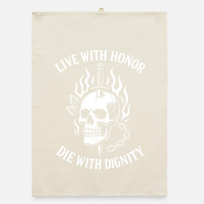 Flammender Schädel mit Schwert der Ehre Lebe mit Ehre Organic Geschirrtuch