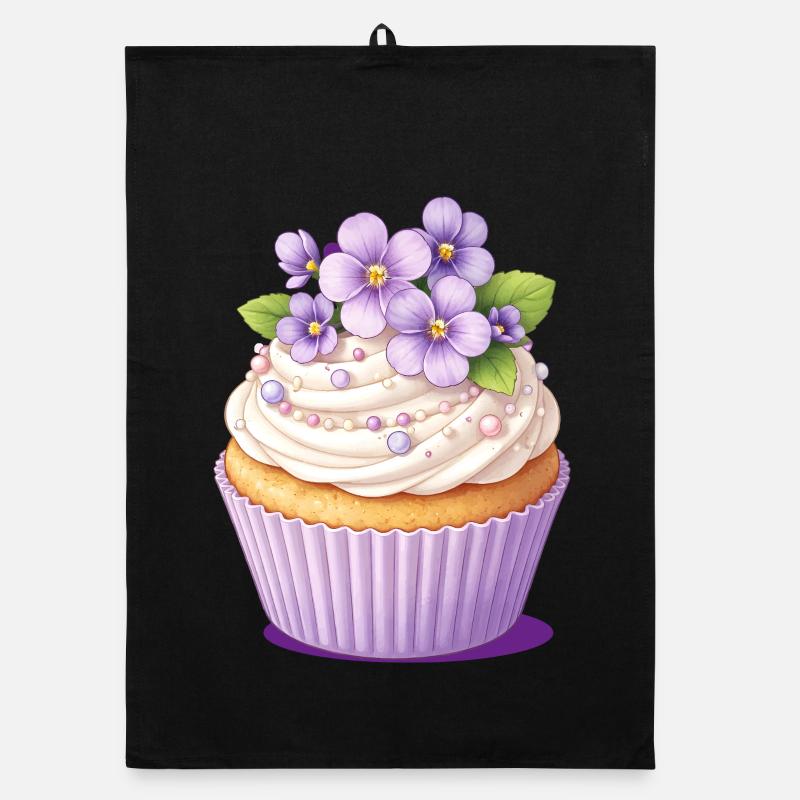 Cupcake violet avec illustration de décoration fleurie Torchon bio