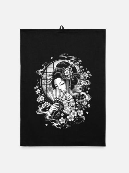 Japanese Geisha with Fan in Tattoo Style - Organic dish towel - black - Front