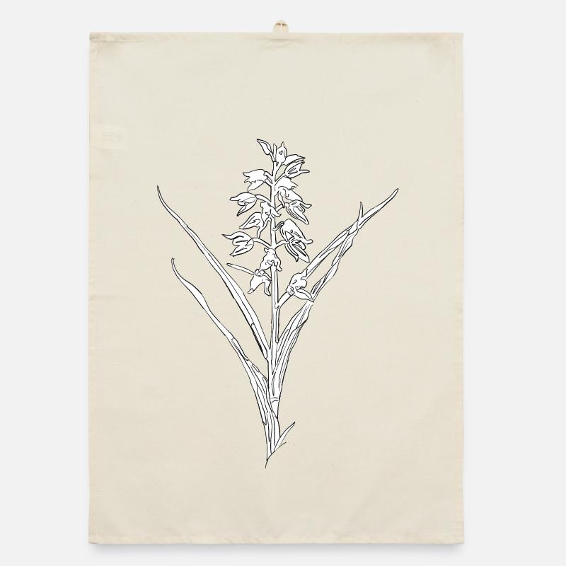 Orchidée, fleur de ligne blanche sur fond noir Torchon bio