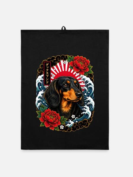 Dackel im japanischen Irezumi Tattoo Stil - Organic Geschirrtuch - Schwarz - Vorne