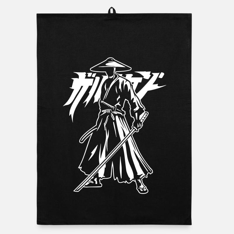 Samurai-Silhouette mit Katana und Schriftzug Organic Geschirrtuch