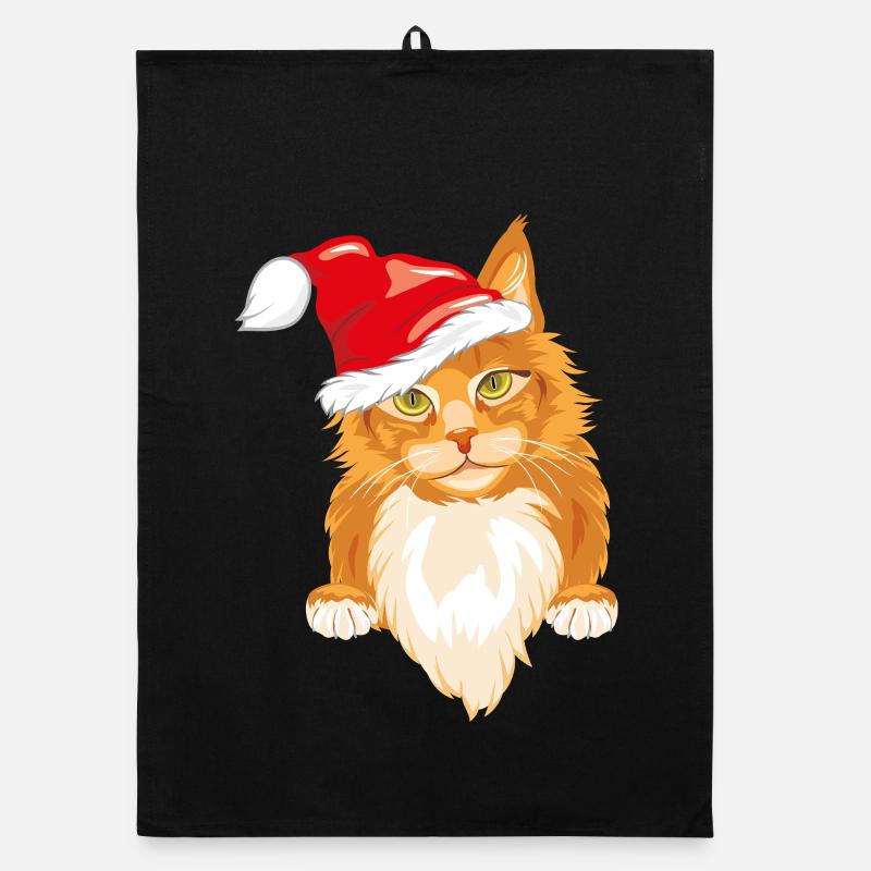 Cute peeking ginger cat in Christmas hat Organic dish towel