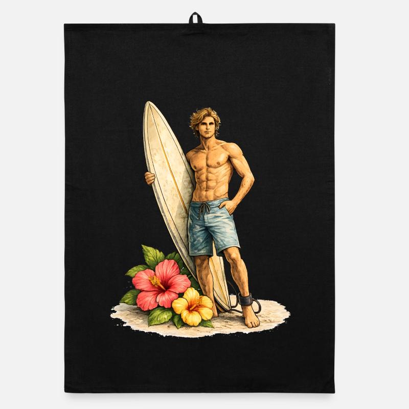 Surfer with board on tropical beach Organic dish towel