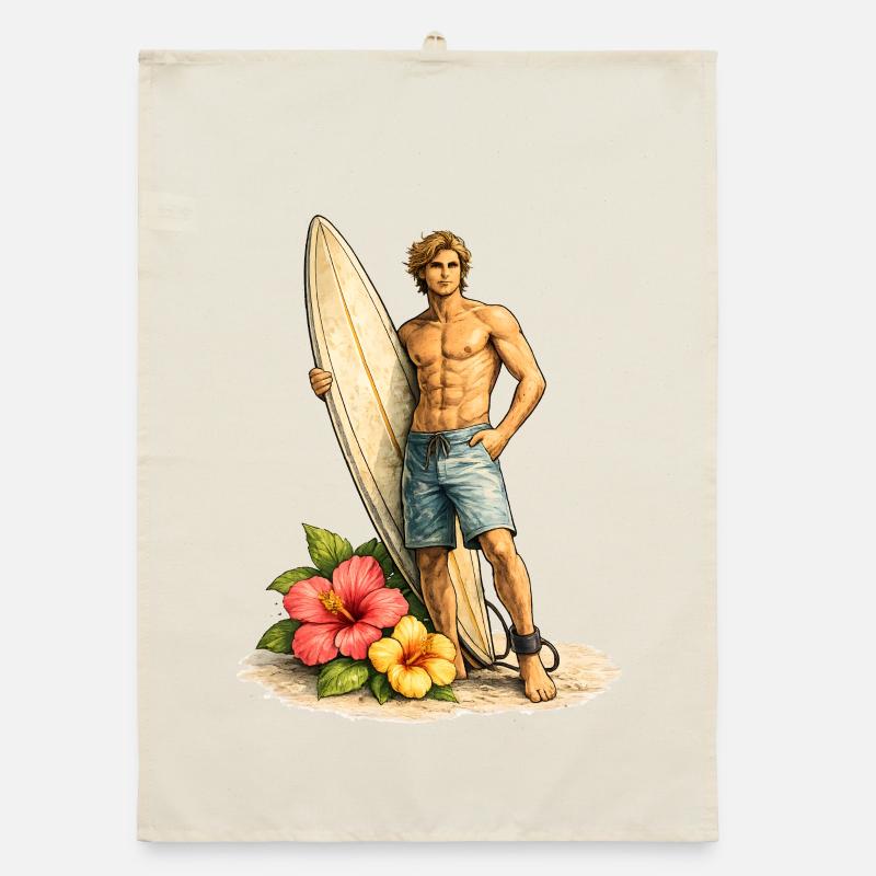 Surfeur avec planche sur une plage tropicale Torchon bio