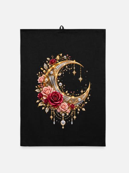 Goldener Mond mit Rosen - Organic Geschirrtuch - Schwarz