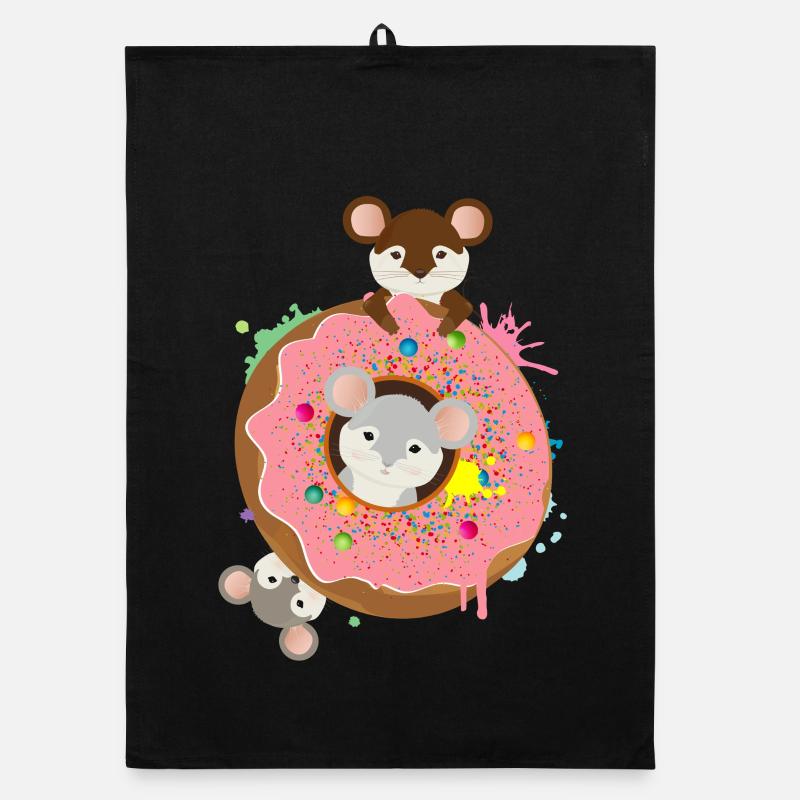 three cute mice and a donut with pink glaze Organic dish towel