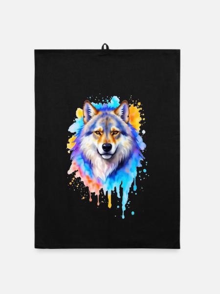 Wolf Watercolor Painting - Organic dish towel - black - Front