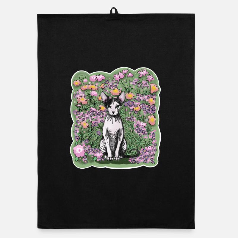 Illustration einer Sphynxkatze zwischen Blumen Organic Geschirrtuch