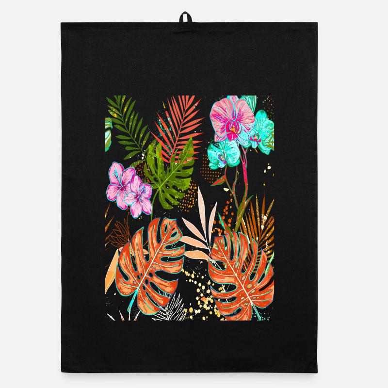 Exotic Monstera Tropical Pattern with Flowers Organic dish towel