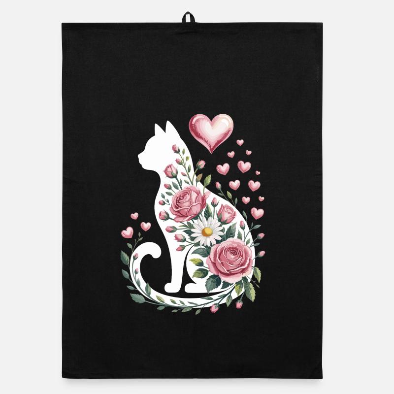 Fleur Chat Silhouette Roses Coeurs Torchon bio