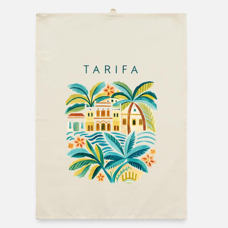 Tarifa Palmenküste und bunte Häuser Organic Geschirrtuch