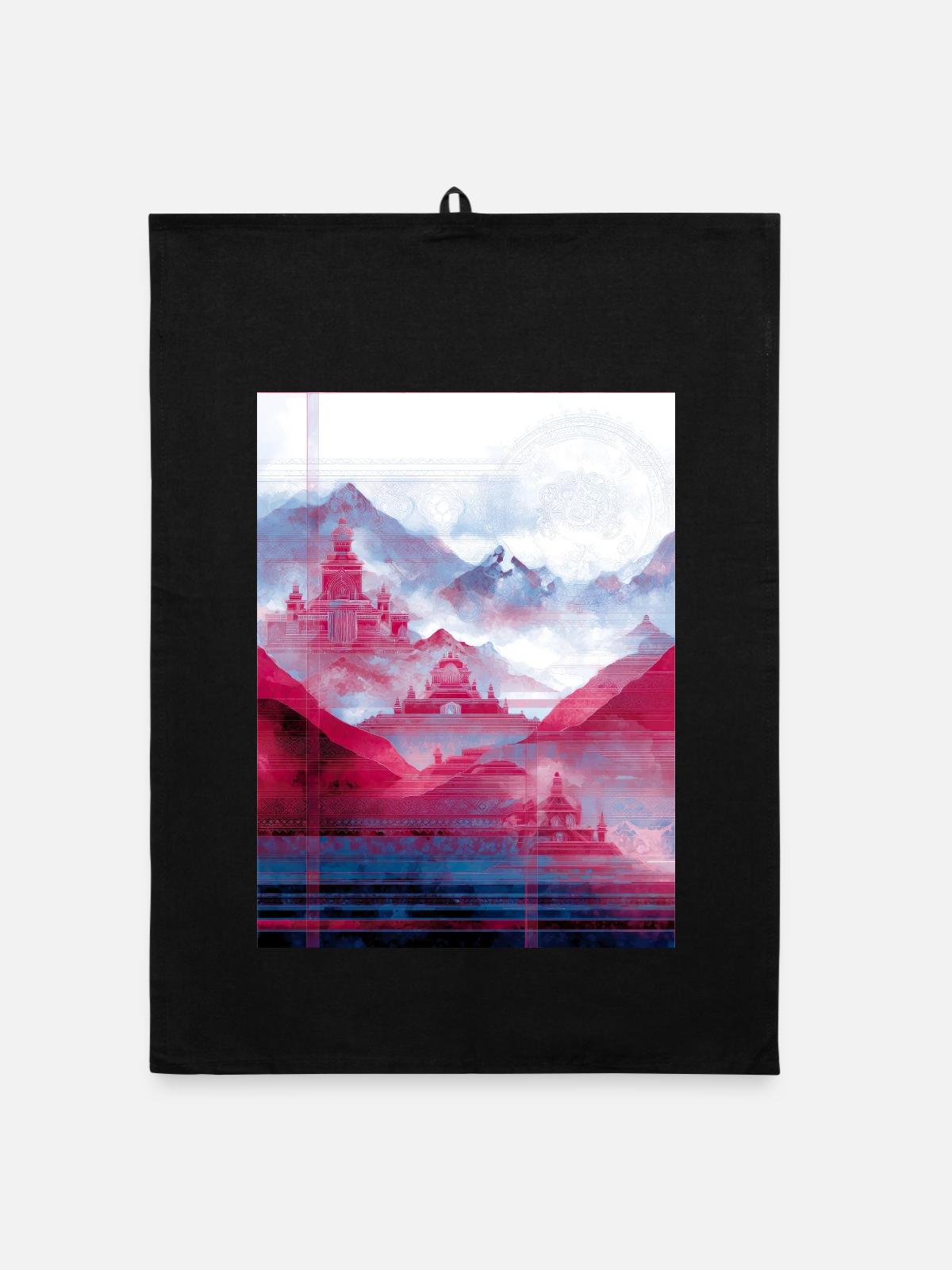 Psy-Art - Tempel über Berglandschaft - Organic Geschirrtuch - Schwarz - Vorne