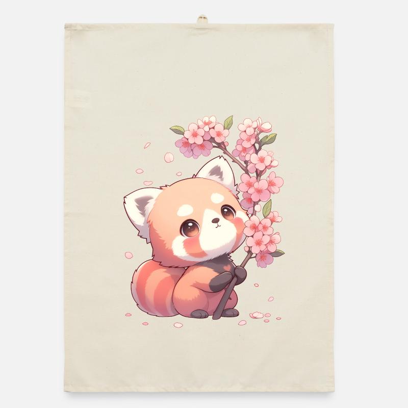 Cute Red Panda Sakura Cherry Blossom Chibi Style Organic dish towel
