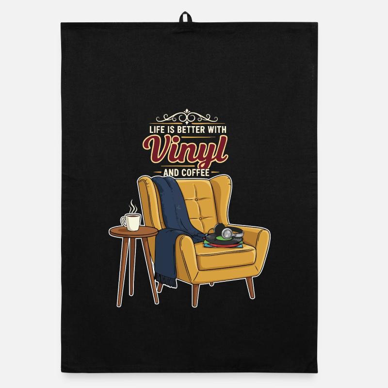 Vinyl Coffee Music Citation Better With Vinyl - Organic dish towel - black