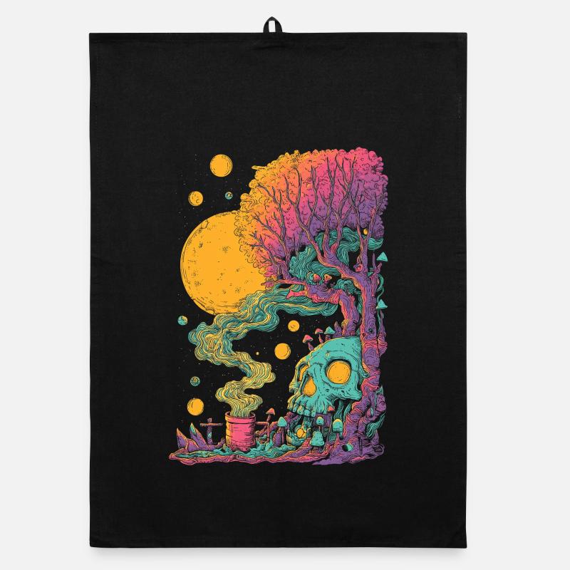 Psychedelic tree skull in the cosmos Organic dish towel