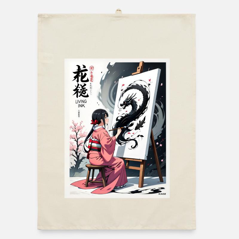 Sakura Dragon Ink Painting Organic dish towel