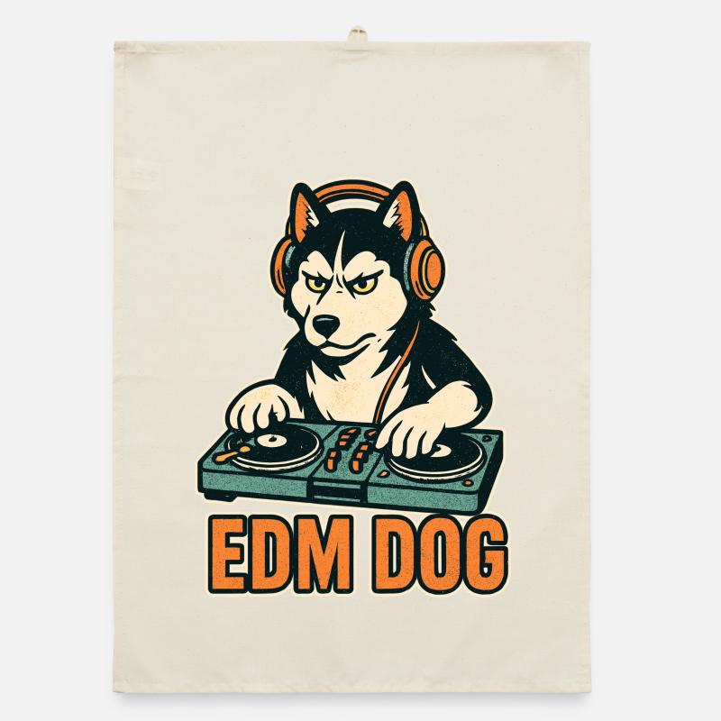 EDM Dog : DJ husky à la console de mixage dans un style rétro Torchon bio