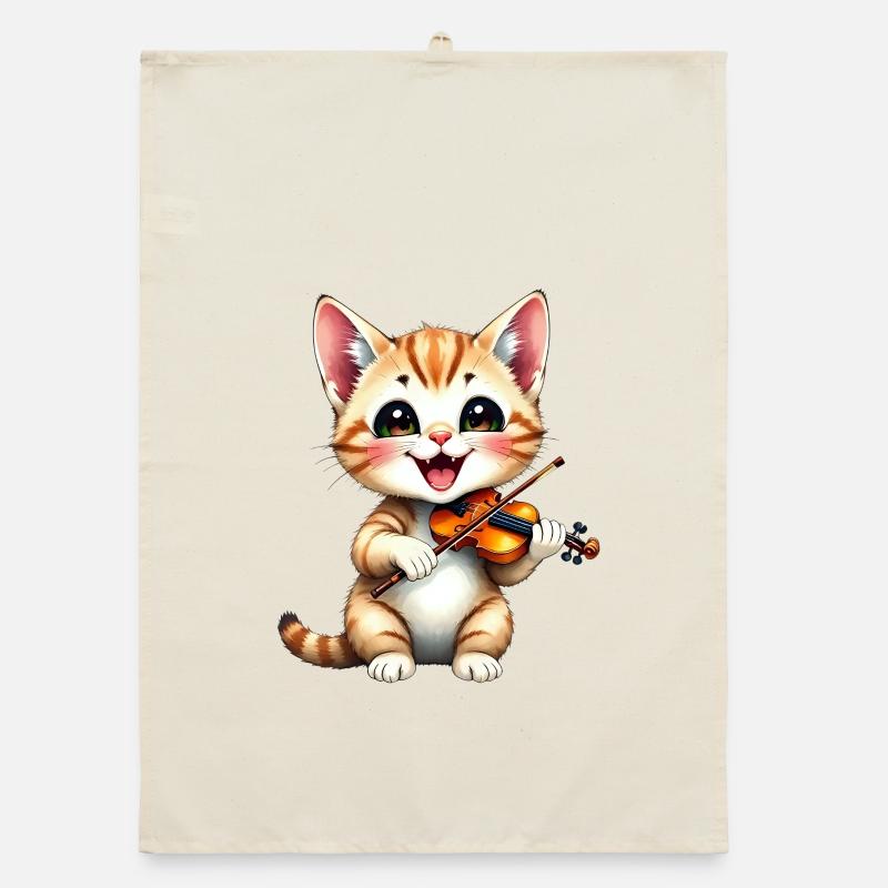 Kitten plays violin Organic dish towel