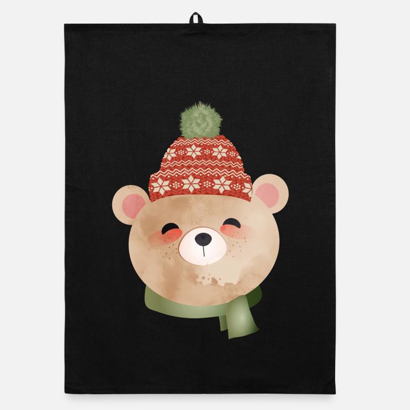 ours mignon avec bonnet à pompon et écharpe en hiver Torchon bio