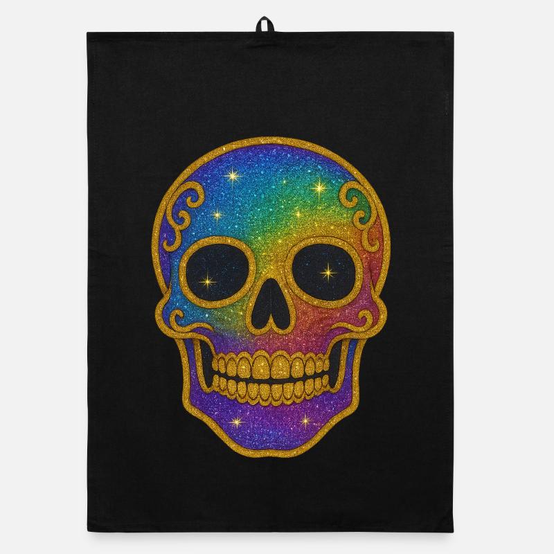 Regenbogen Glitzer Totenkopf Halloween - Organic Geschirrtuch - Schwarz