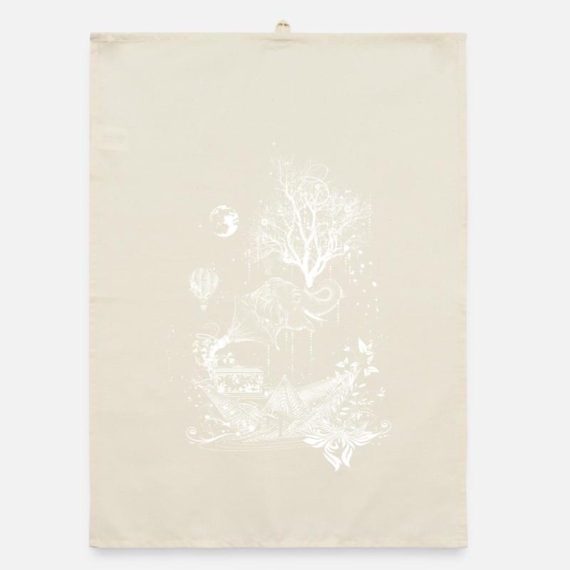 Elephant, paper ship and tree-surreal design Organic dish towel