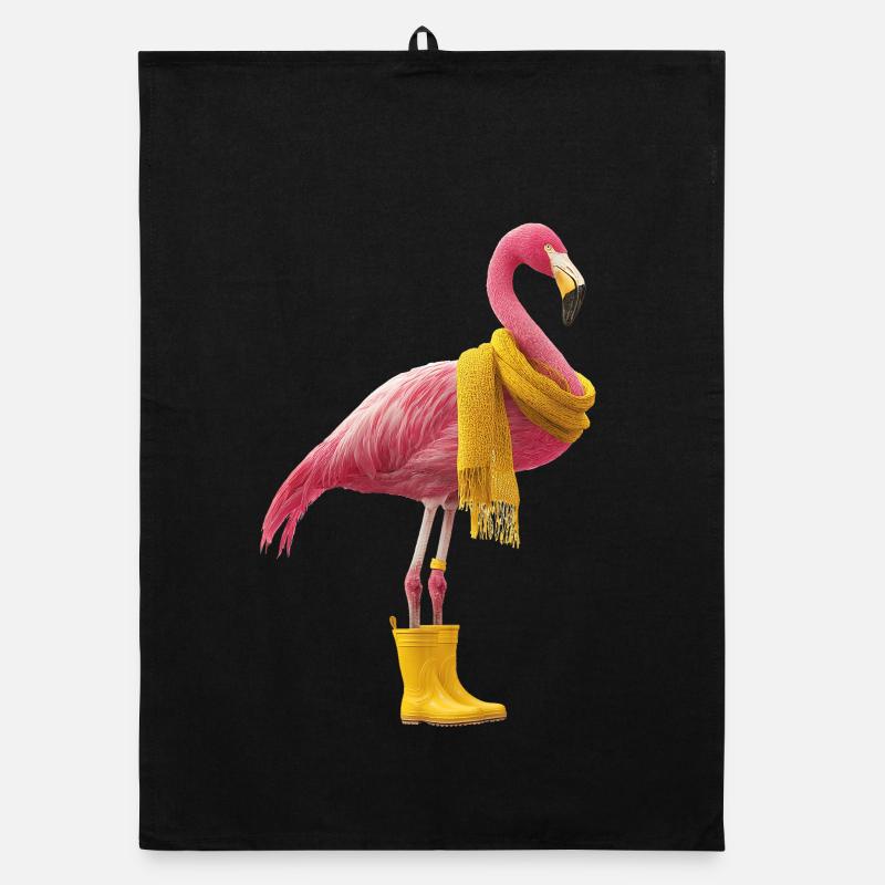 Flamant rose ludique avec écharpe jaune et bottes Torchon bio