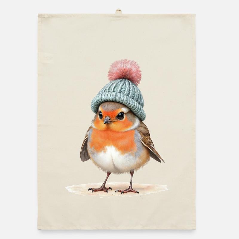 Robin in Strick-Wintermütze Organic Geschirrtuch