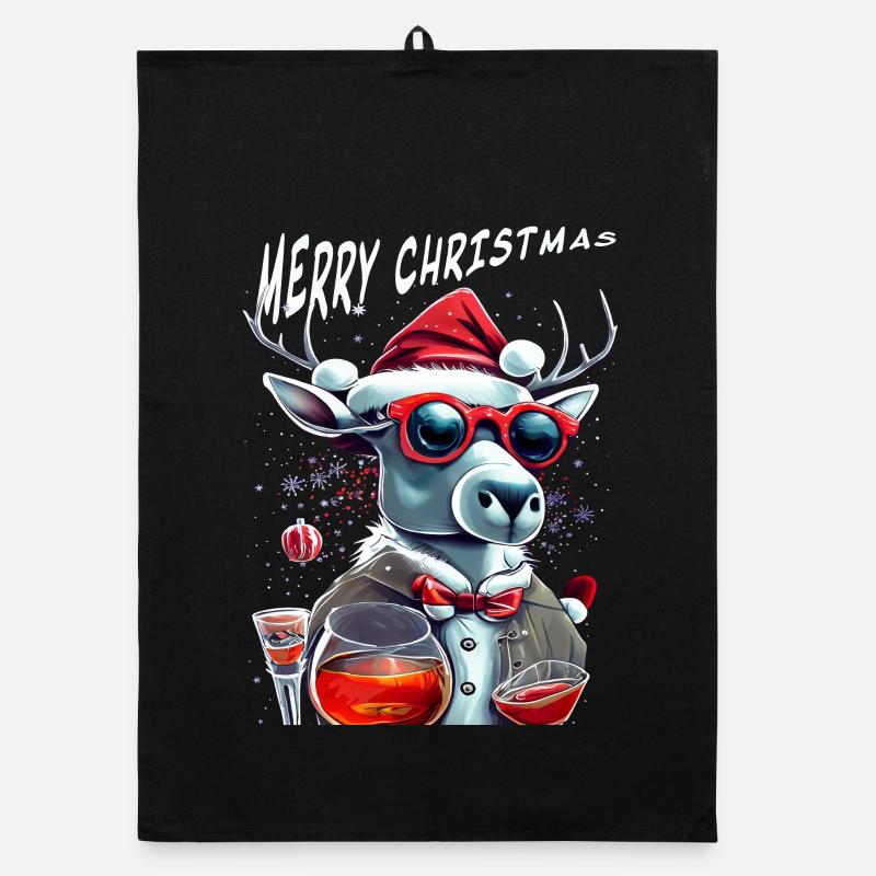Merry Christmas Reindeer - Organic dish towel - black