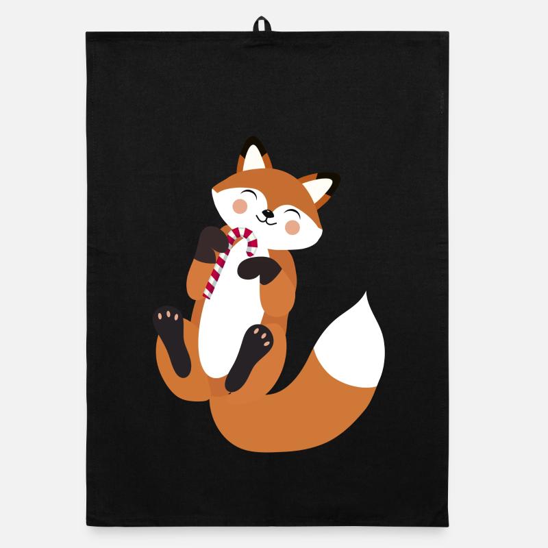 Playful fox with candy cane for Christmas Organic dish towel
