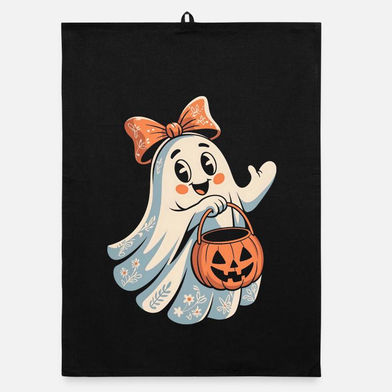 Mignon Halloween Ghost Girl avec panier de citrouille Torchon bio