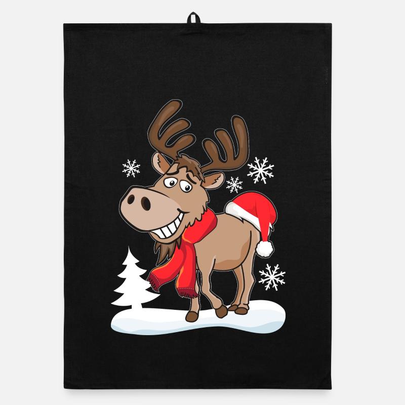 Renne souriant et cool avec le chapeau de Père Noël Torchon bio