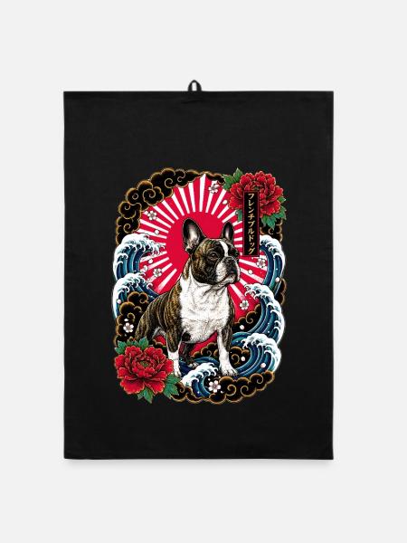 Französische Bulldogge im Japanischen Tattoo Stil - Organic Geschirrtuch - Schwarz - Vorne